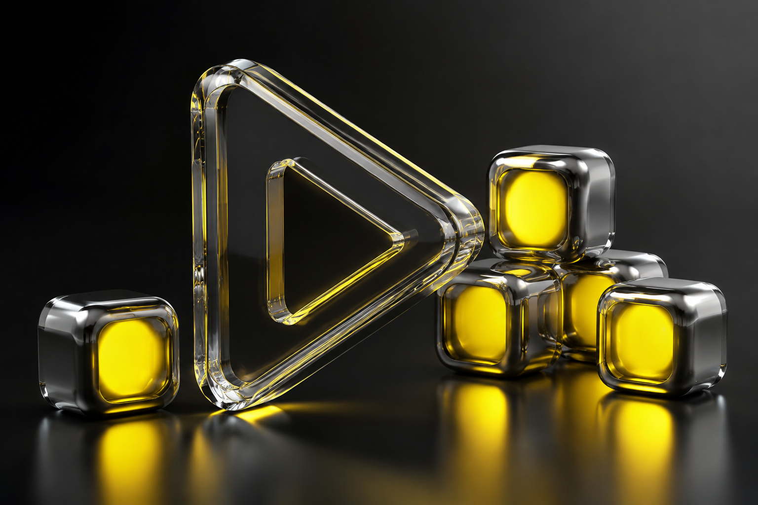 Oversized glass and chrome forms representing AI and motion