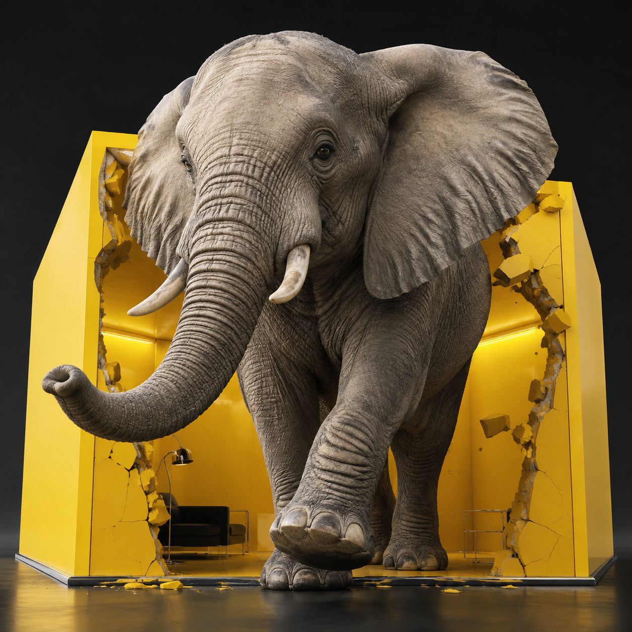 Oversized 3D elephant stepping out through a small yellow room