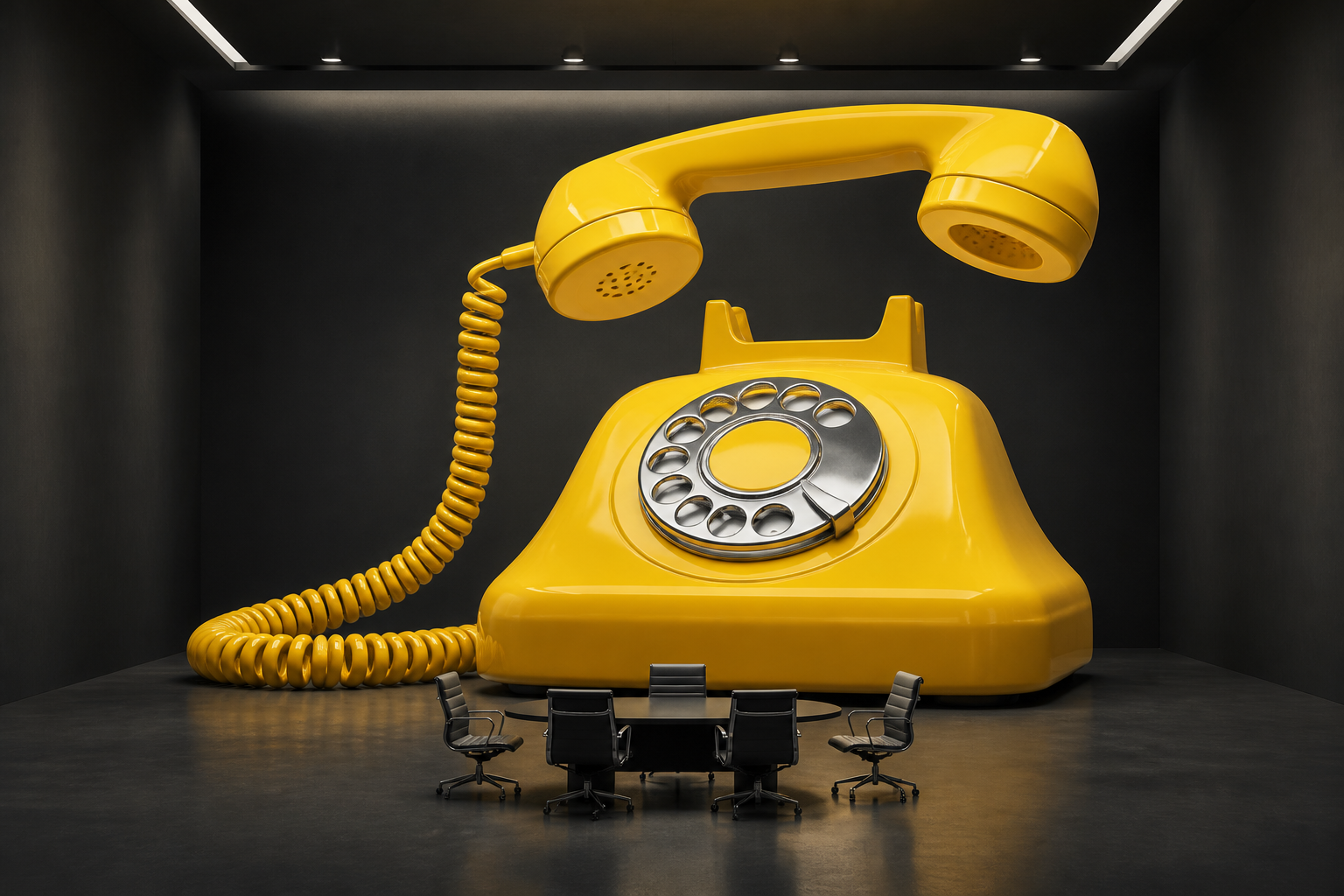 A giant yellow telephone in a miniature charcoal meeting room
