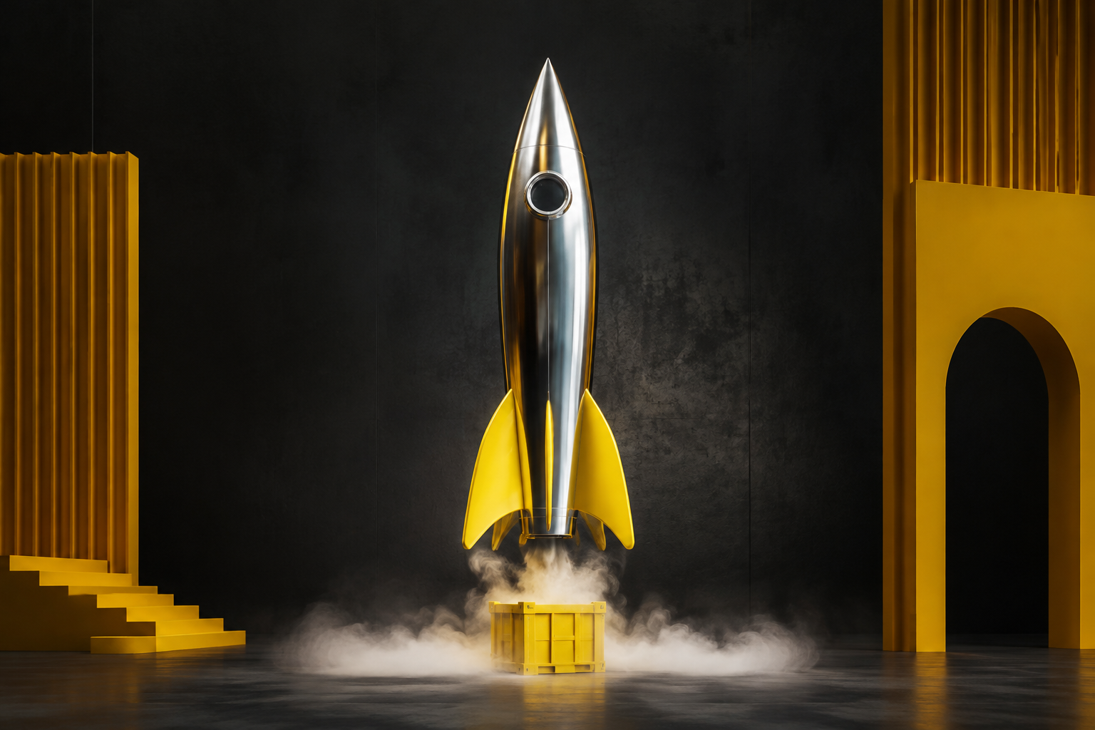 An oversized chrome and yellow rocket rising from a small yellow crate