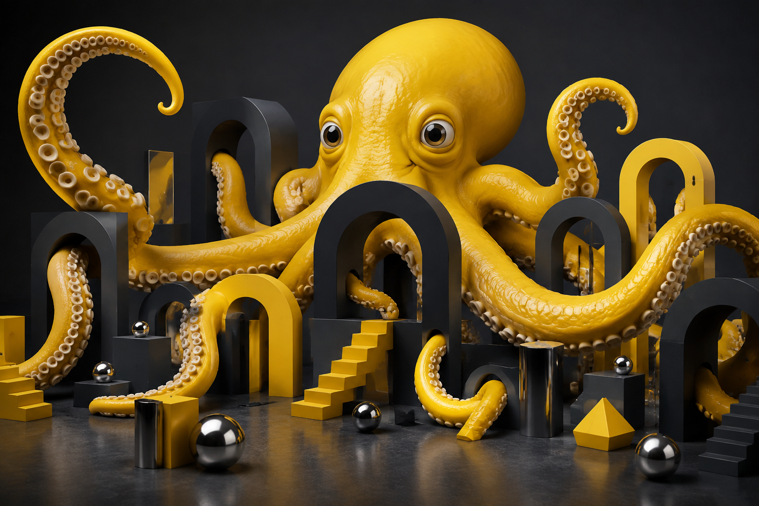 A giant yellow octopus reaching through small architectural arches