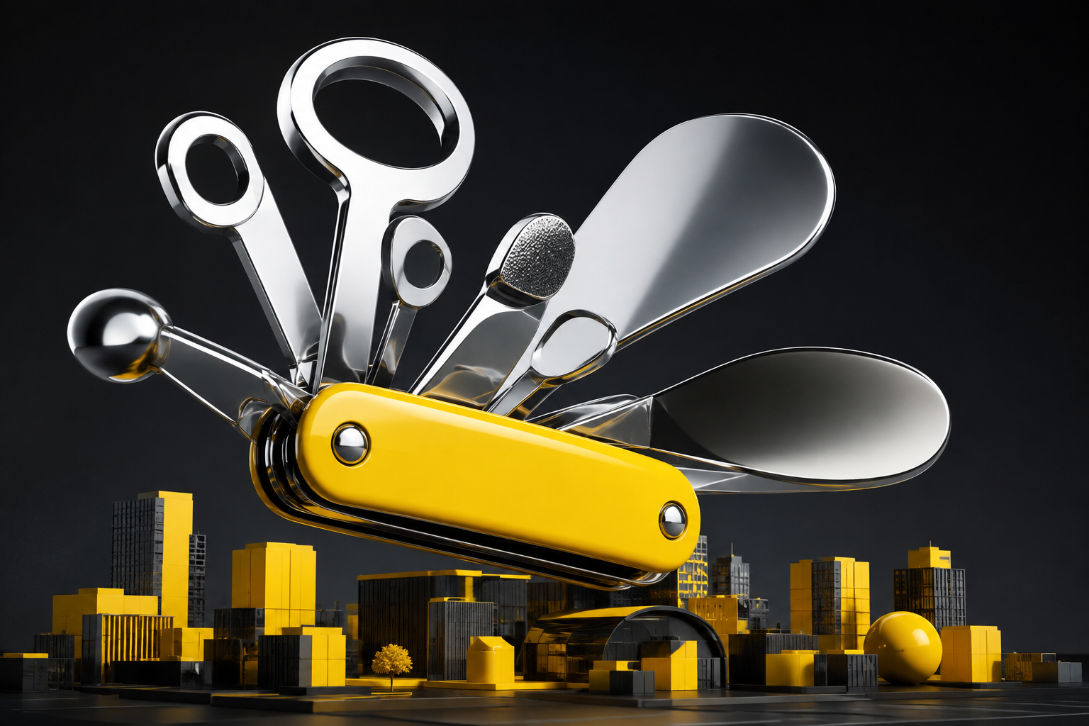An oversized chrome and yellow multi-tool above miniature architectural forms