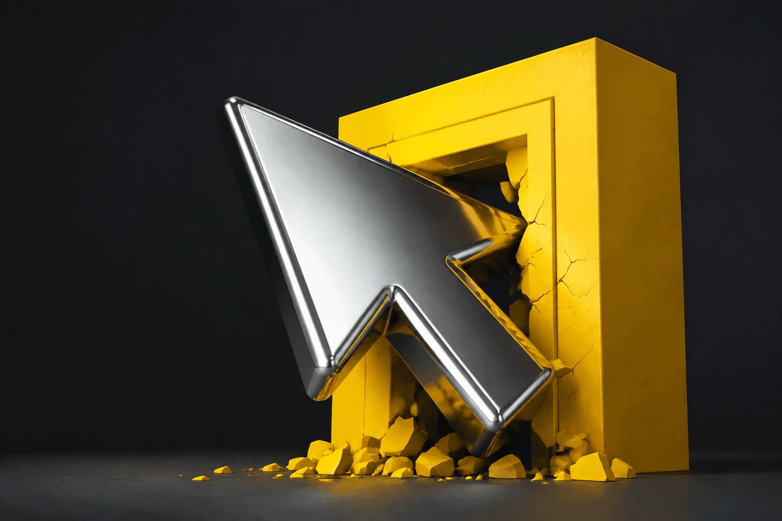 An oversized chrome cursor breaking through a yellow portal